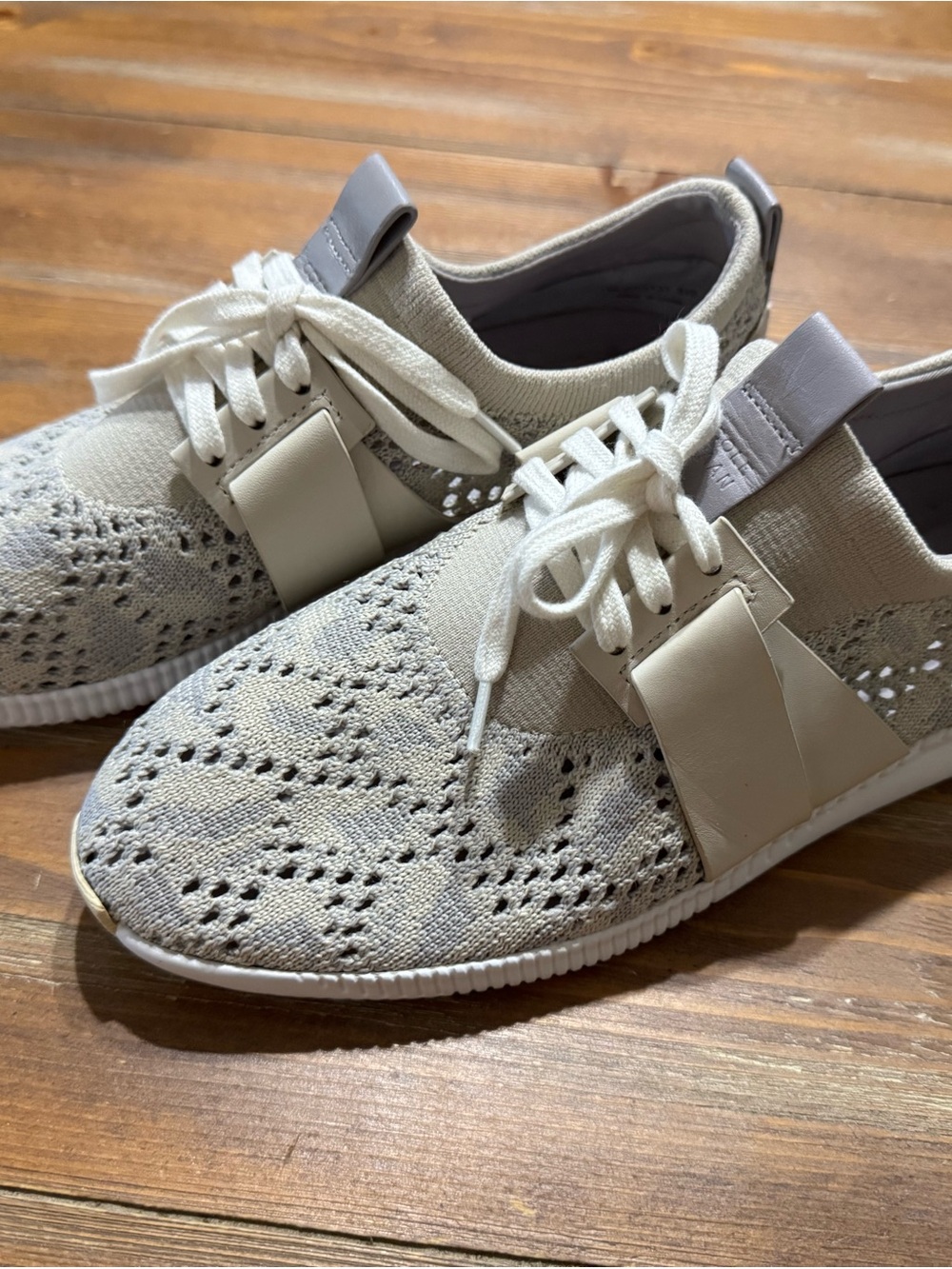 Cole Haan Cream and Light Gray Knit Lace-Up Sneakers